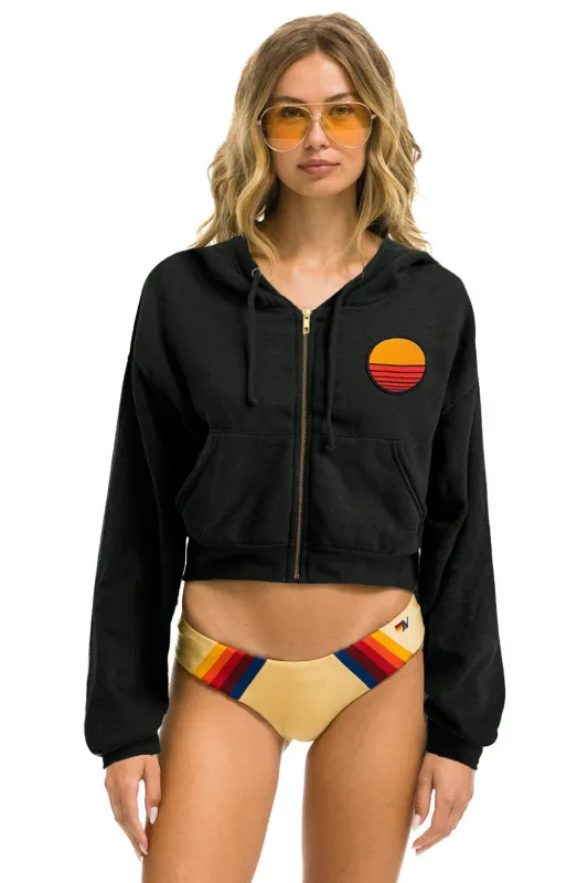 SUNSET PATCH RELAXED CROPPED ZIP HOODIE - CHARCOAL sold by Aviator Nation