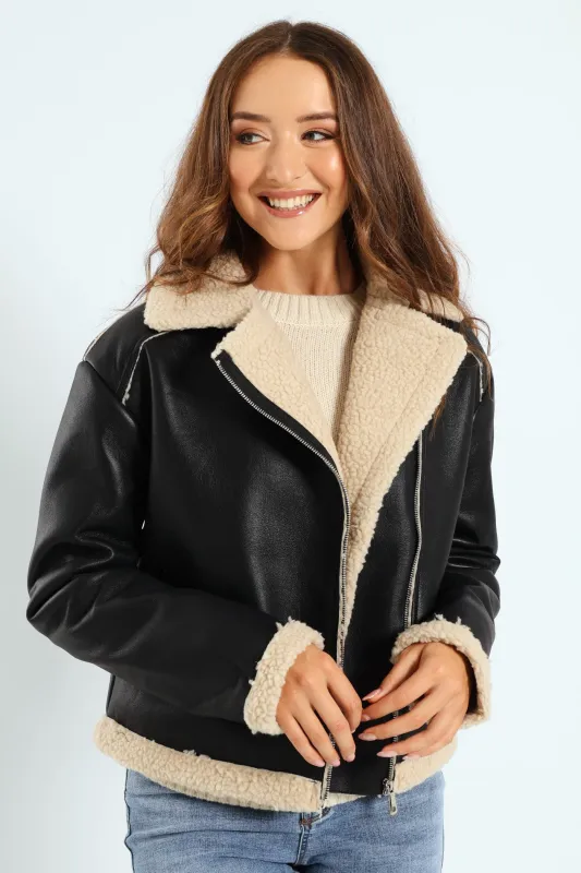 Contrast Sherpa Lined Aviator Jacket - Black/Cream sold by Edgars 