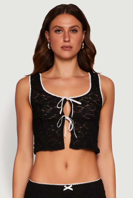 Haute Monde Contrast Trim Tie Front Lace Crop Top sold by Rainbow