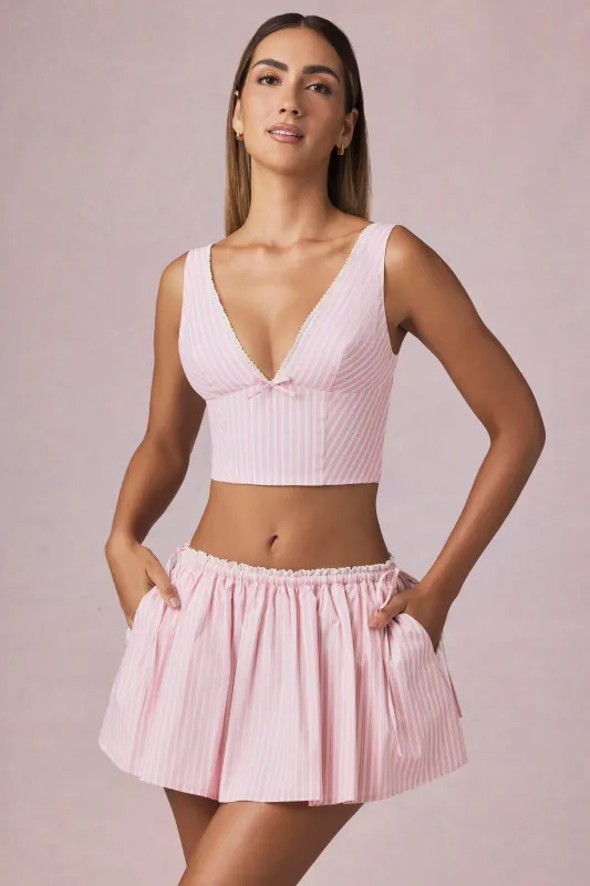 Ruched Drawstring Mini Skort in Soft Mauve Stripe sold by Oh Polly