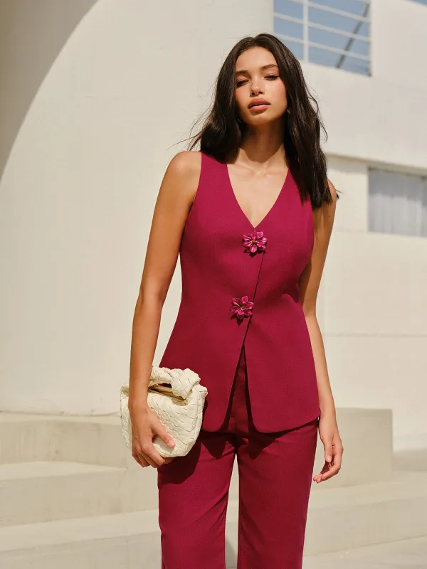 Sleeveless V-Neck Pants Set With Floral Buttons sold by COMMENSE
