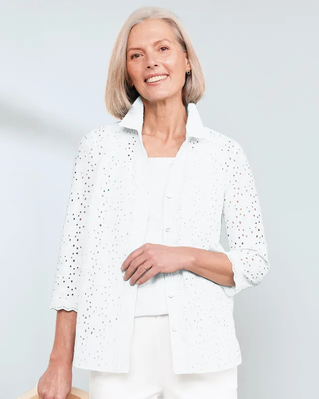 Appleseeds Women's Scallop-Trimmed Eyelet Shirt - White - 4P - Petite sold by Buff