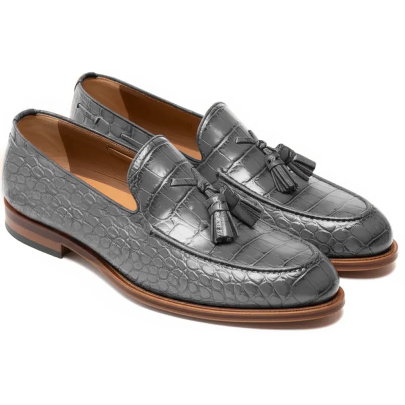 Grey Croc Print Leather Barbican Tassel Loafers sold by Costoso Italiano