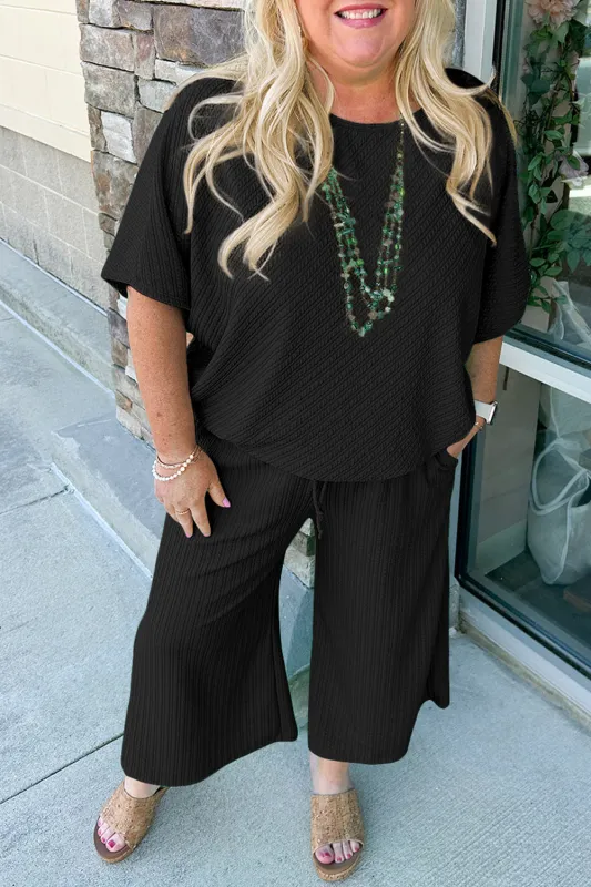 Black Textured Batwing Sleeve Tee Wide Leg Pants Plus Size Set sold by Beagle Boutique