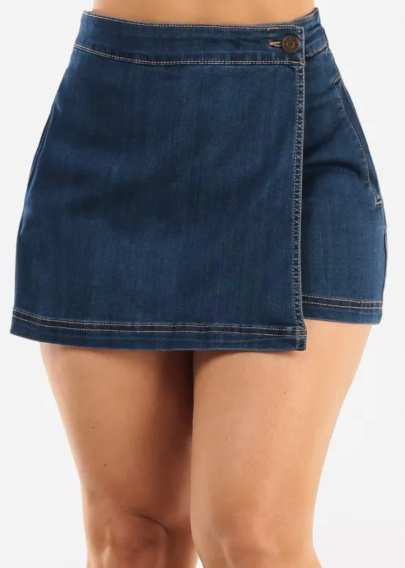 High Waist Wrap Front Denim Skort Med Wash sold by Moda