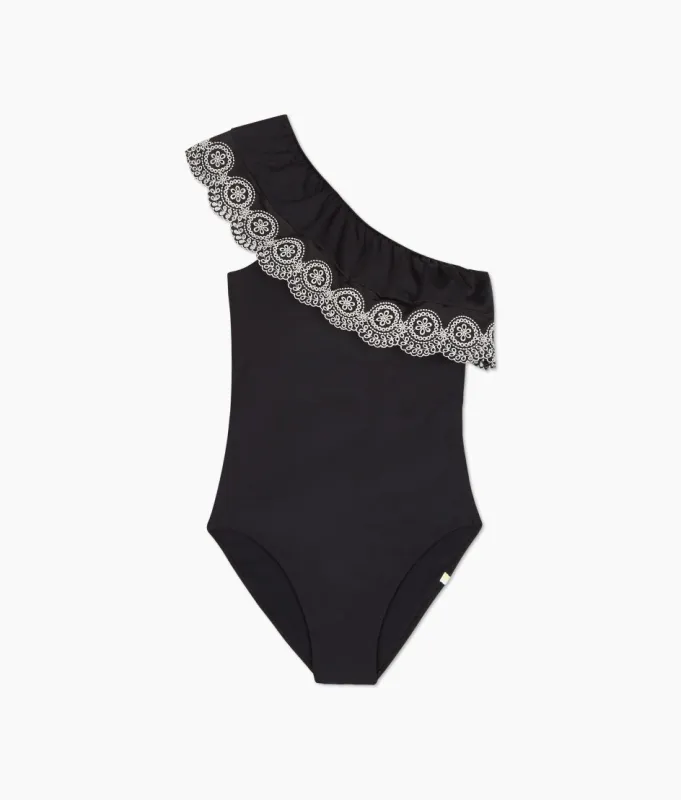 The Eyelet Ruffle Sidestroke - Sea Urchin sold by Summersalt