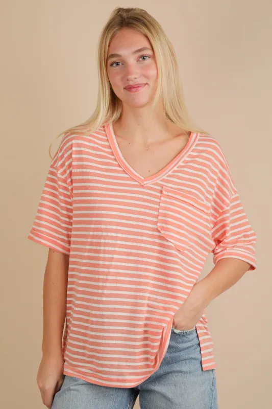 Peach Striped Oversized V-Neck Front Pocket T-Shirt sold by Pinkblush
