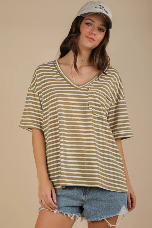 Olive Striped Oversized V-Neck Front Pocket T-Shirt sold by Pinkblush