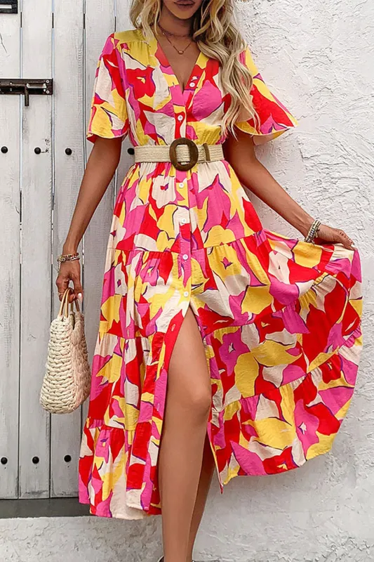 Floral Printed Fuchsia A Line Summer Dress with Belt sold by Zapaka