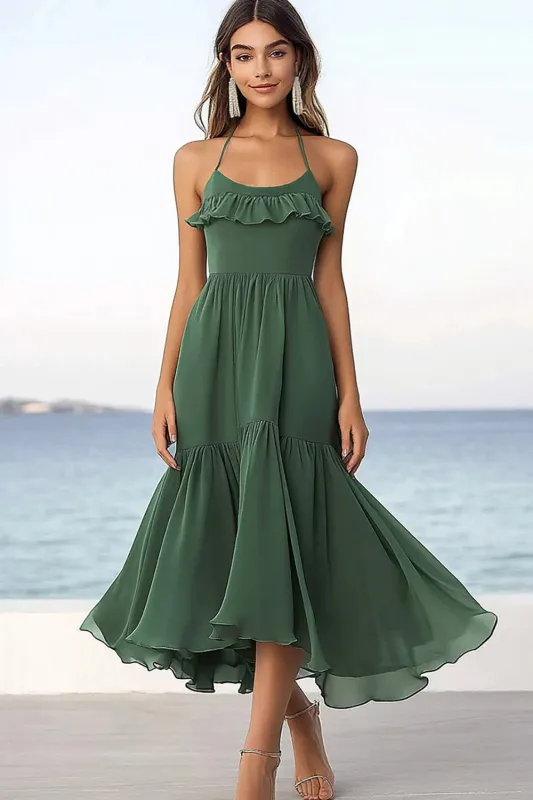 Halter Eucalyptus Chiffon A Line Ruffled Summer Dress sold by Zapaka