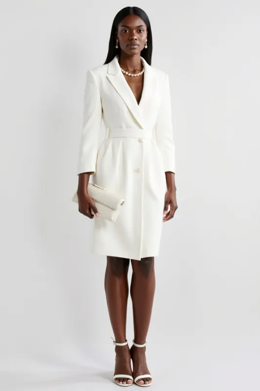 White Notched Lapel Sheath Work Dress with Long Sleeves sold by Zapaka