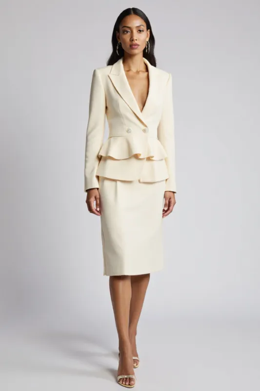 Ivory Bodycon Peaked Lapel 2 Pieces Ruffled Work Dress sold by Zapaka