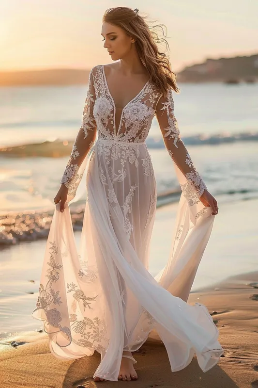White Tulle Boho Sweep Train Wedding Dress with Appliques sold by Zapaka