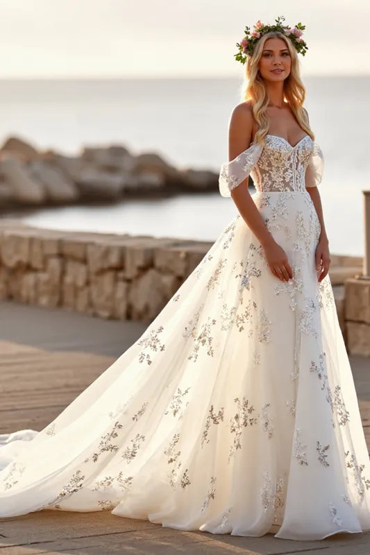 White Tulle Off the Shoulder Boho Sweep Train Wedding Dress with Appliques sold by Zapaka