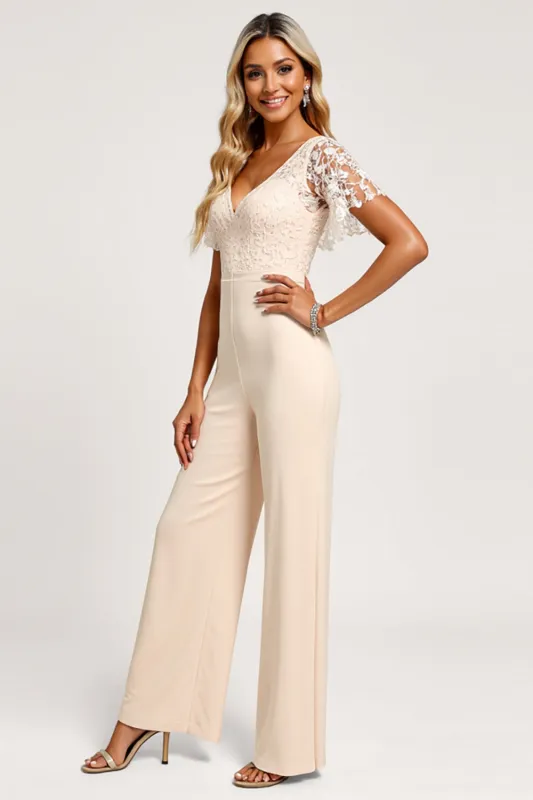 Apricot V-Neck Chiffon Lace Bridesmaid Jumpsuit sold by Zapaka