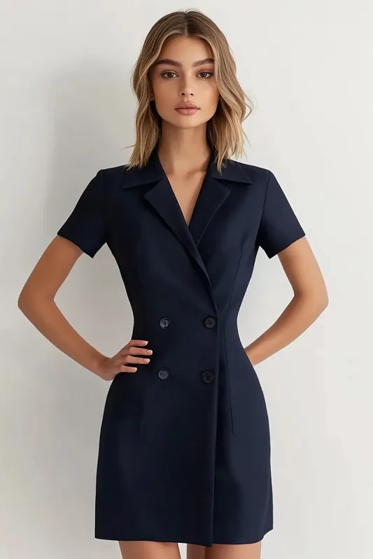 Navy Double Breasted Satin Peaked Lapel Short Work Dress sold by Zapaka