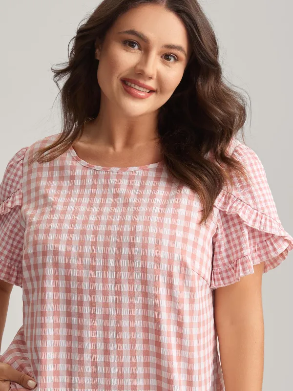 Sweet Gingham Wrinkled Petal Sleeve Blouse sold by Bloomchic