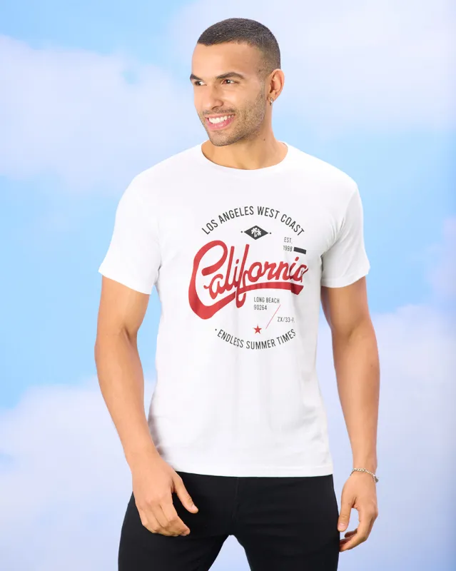 Men White California  Print T-Shirt sold by Redtag