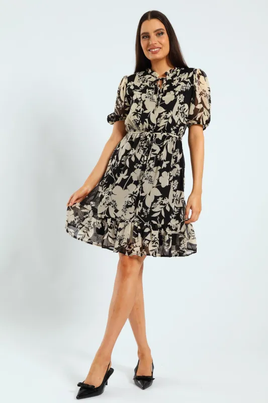 Frill Neck Puff Sleeve Tea Dress - Black sold by Edgars 