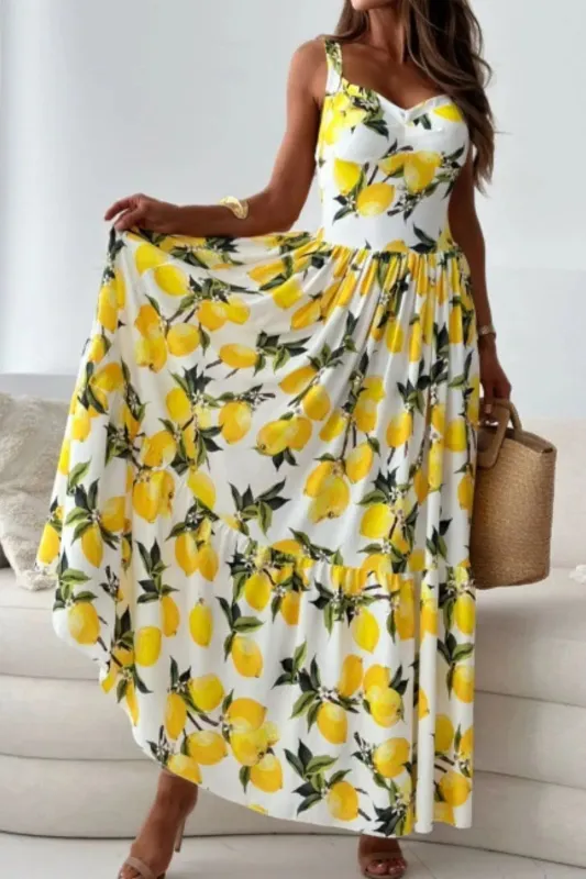 Lemon Print Sweetheart Neck Maxi Dress sold by Charming Charlie