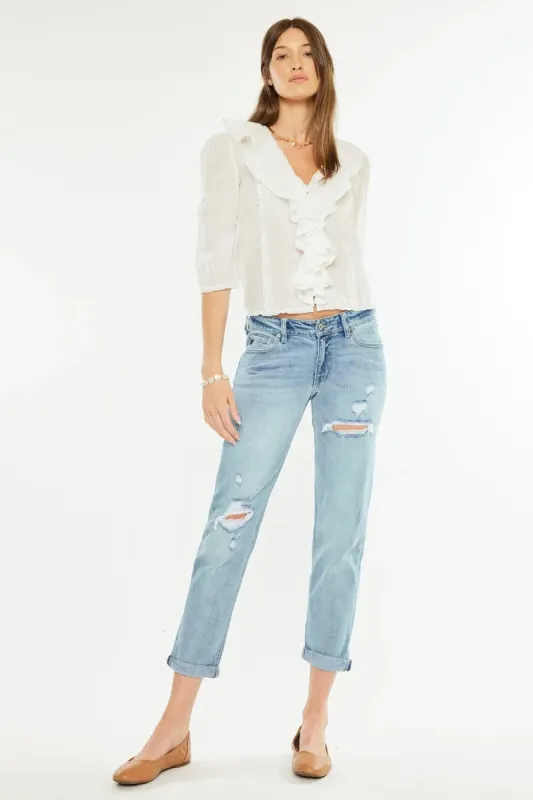 Kancan Mid Rise Distressed Boyfriend Fit Jeans sold by Charming Charlie