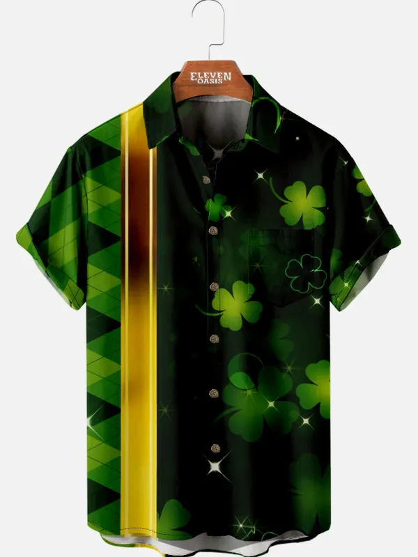 Men's St. Patrick's Day Green Clover and Gold Stripes Short Sleeve Shirt sold by Eleven Oasis