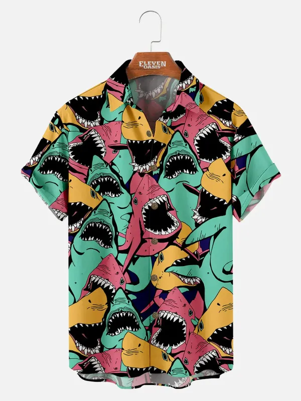 Tall Hawaiian Deep Sea Shark Pattern Men's Short Sleeve Top sold by Eleven Oasis