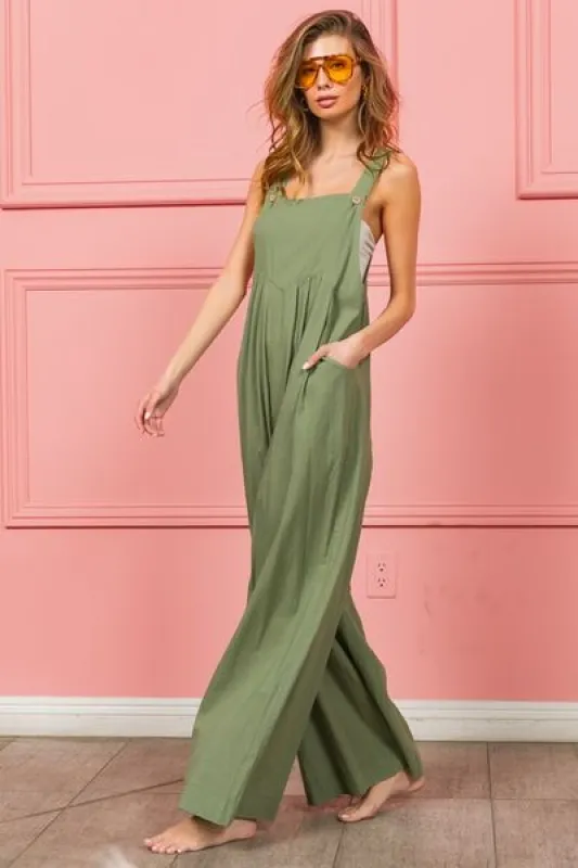 BiBi Ruched Wide Leg Overalls with Pockets sold by The Barefoot Brunette Boutique