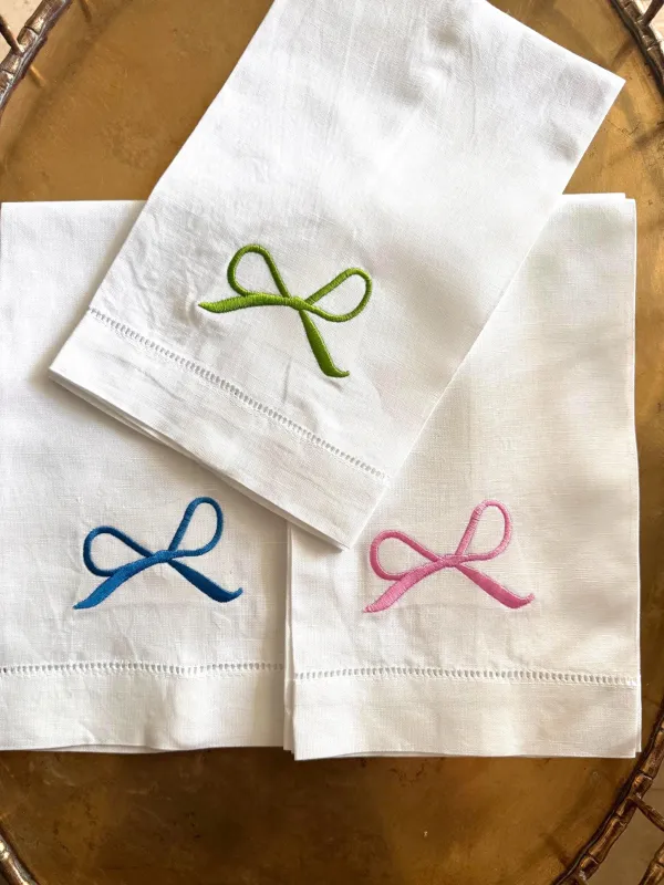 Bow Embroidered linen Hand Towels Pink Bow Towel Blue Bow Towel sold by ThePopStyle