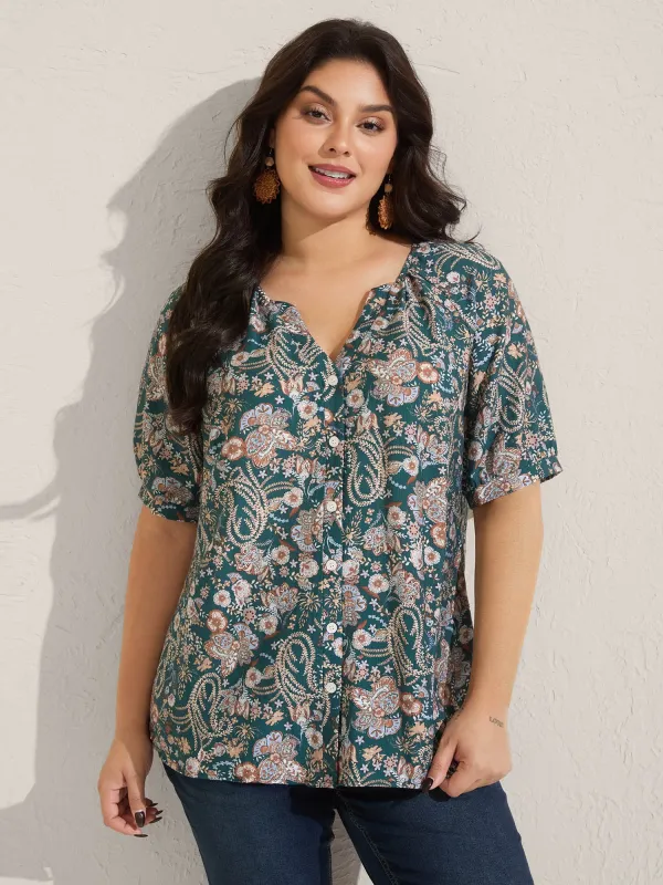 Paisley Print Button Placket Blouse sold by Bloomchic