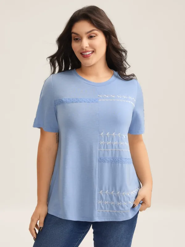 Embroidered Lace Spliced Solid T-Shirt sold by Bloomchic