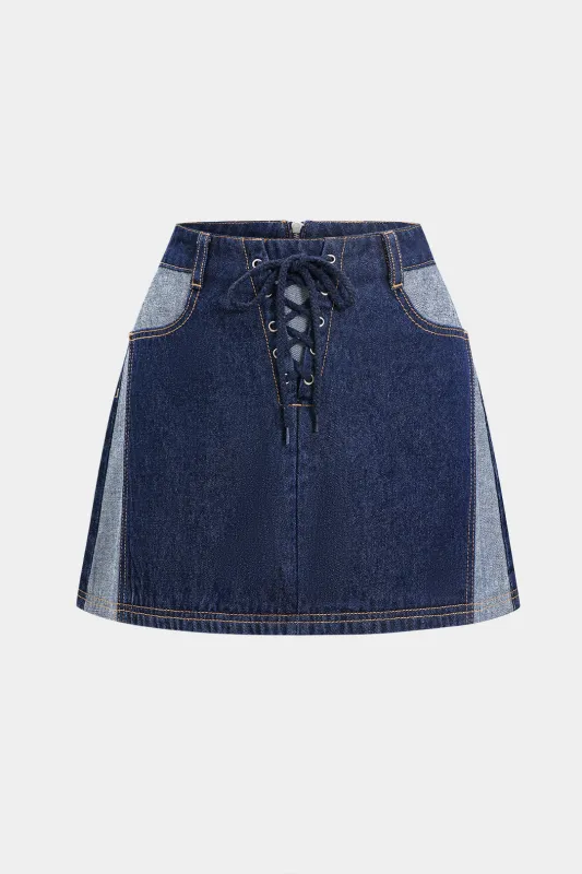 Denim Tie Front Patchwork Skirt sold by Micas