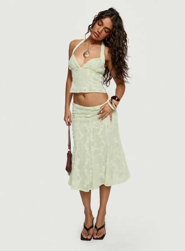 Aspyn Embroidered Midi Skirt Sage Green sold by Princess Polly