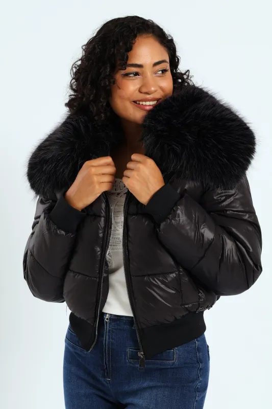 Roll With It Puffer Jacket With Fur Collar - Black sold by Edgars