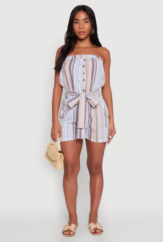 Striped Tie Waist Belted Cargo Pocket Romper sold by Rainbow