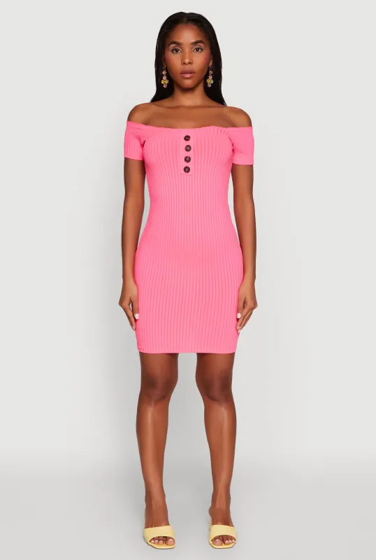 Faux Button Detail Off the Shoulder Mini Dress sold by Rainbow