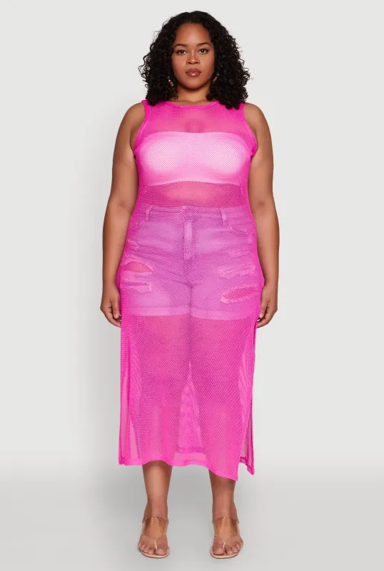 Plus Size Fishnet Side Slit Maxi Tank Top sold by Rainbow
