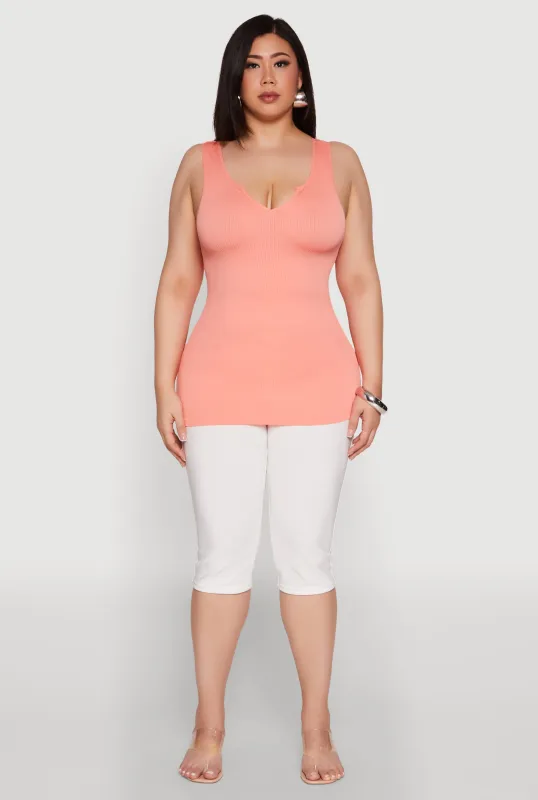 Plus Size Seamless Rib Knit Notch Neck Tank Top sold by Rainbow