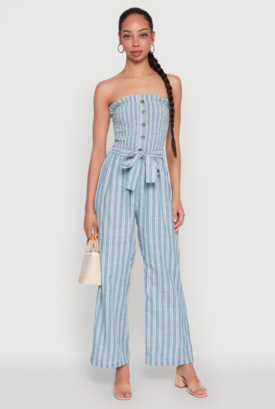 Smocked Tie Waist Belted Pinstripe Jumpsuit sold by Rainbow