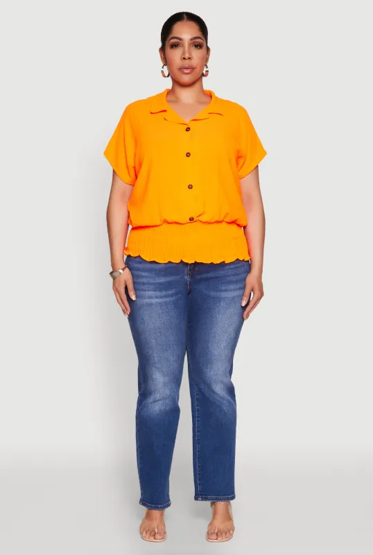 Plus Size Smocked Hem Button Front Top sold by Rainbow