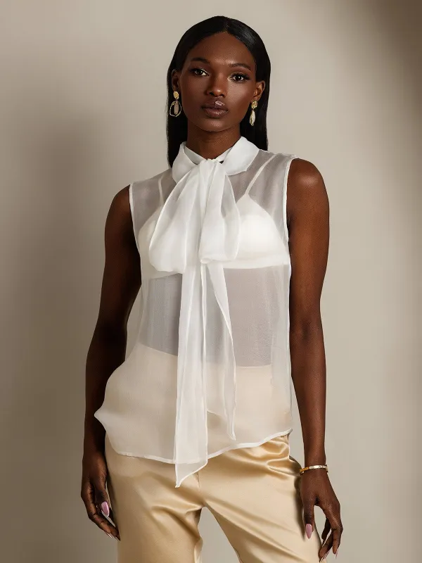 Pure Silk Sleeveless Tie Neck Sheer Blouse sold by SilkSilky