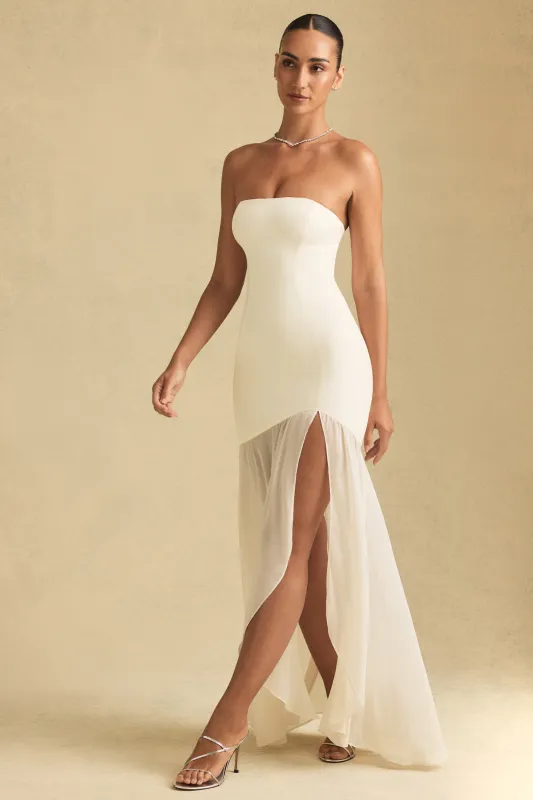 Asymmetric Strapless Fishtail Maxi Dress in Ivory sold by Oh Polly