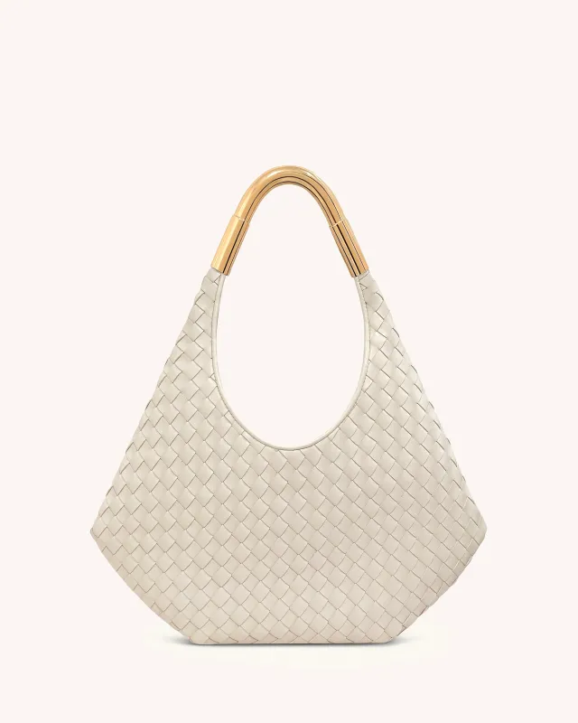 Olivia Hand-Woven Metal Handle Hobo Bag - White sold by JW PEI