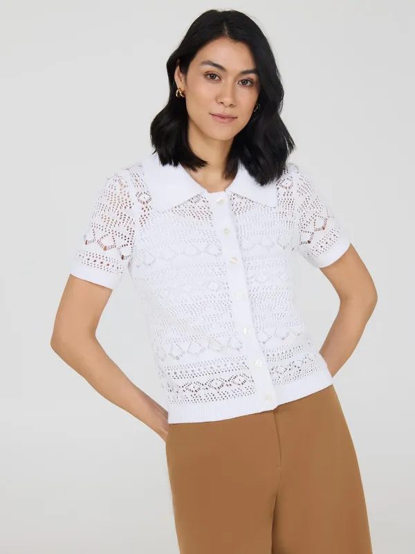 Button-Up Cotton Crochet Top sold by Suzy Shier
