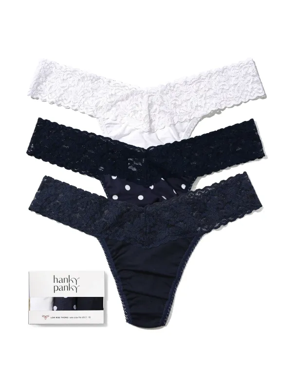 3 Pack Supima® Cotton Low Rise Thongs With Lace Navy/ Full Circle Blue/ White sold by Hanky Panky