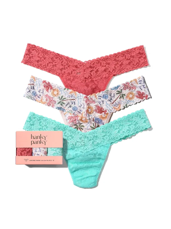 3 Pack Signature Lace® Low Rise Thongs Sea You Later Green sold by Hanky Panky