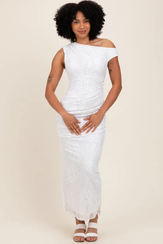 White Lace Asymmetrical Ruched Maxi Dress sold by Pinkblush