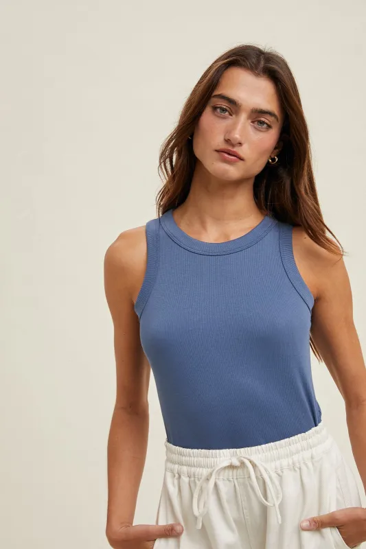 Light Navy Ribbed Basic Crew Neck Tank sold by Pinkblush