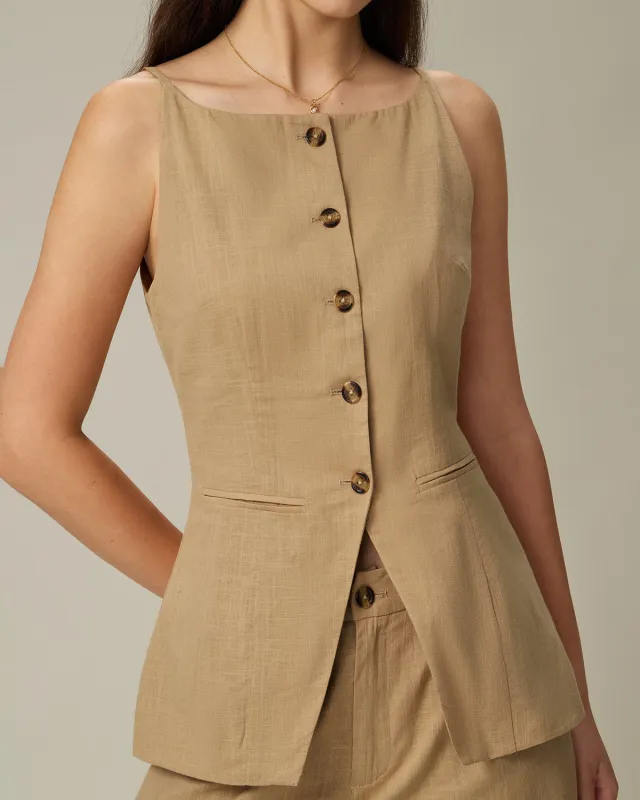Brown Boat Neck Single Breasted Vest sold by rihoas