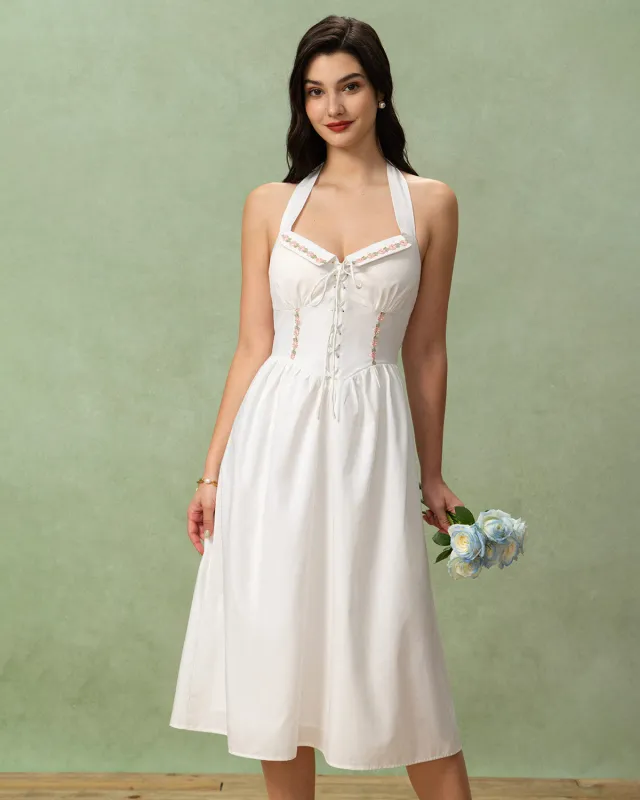 White Embroidery A-Line Halter Midi Dress sold by rihoas